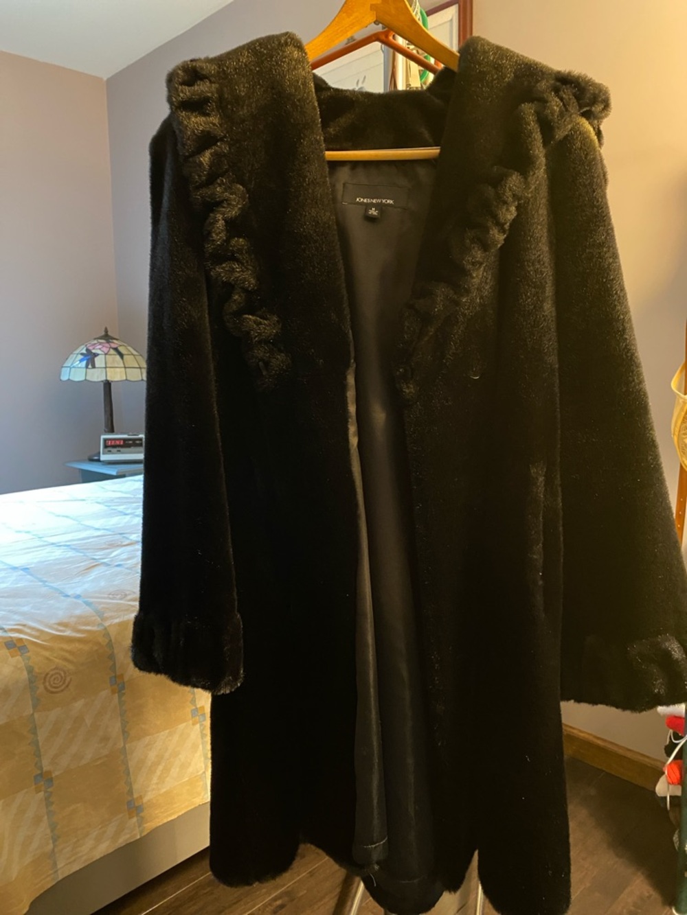 Jones New York Black Faux Fur Hooded Trench with Ruffle Trim